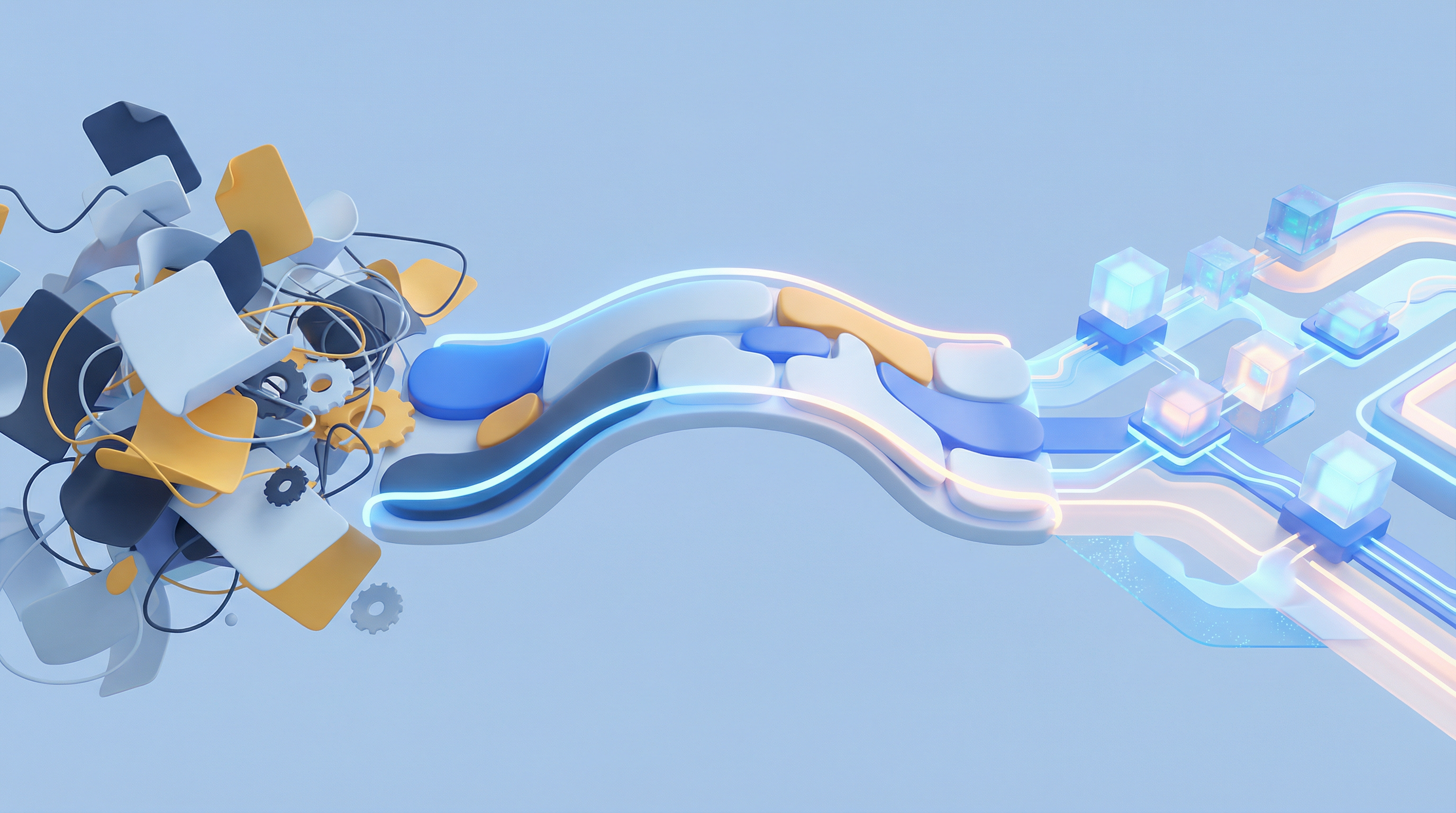 Ilustración de automatización empresarial con IA - flujos de trabajo conectados y procesos automatizados